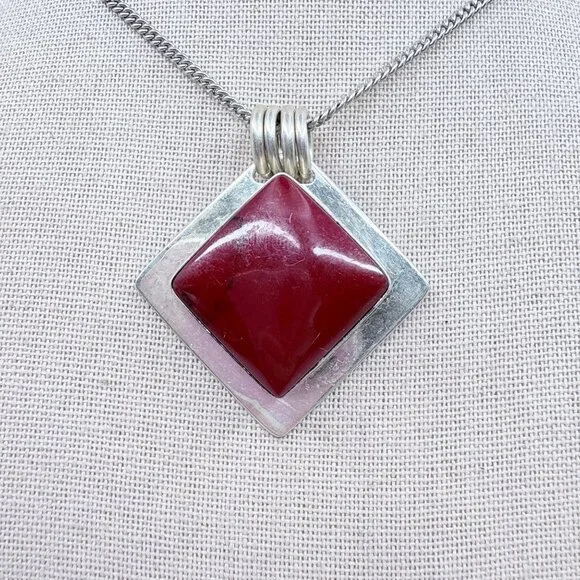 Jasper Bezel Set Pendant Necklace VTG Sterling Silver 925 Size 24 Length